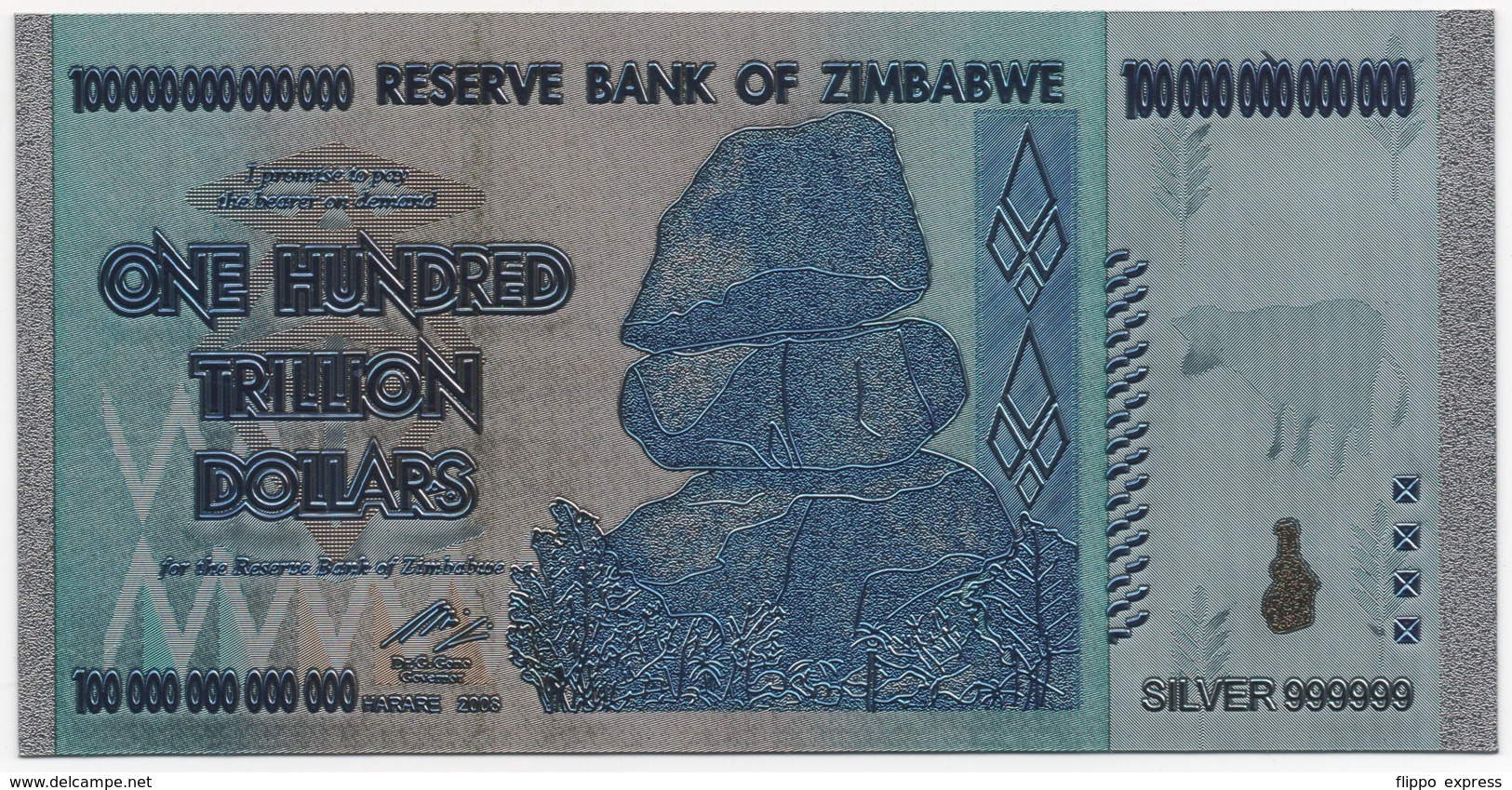 Zimbabwe Zimbabwe 100 Trillion Dollars Silver Plated Colored Banknote