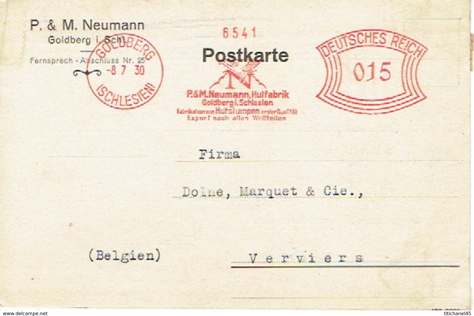 Covers Documents Postkarte Maschinenstempel P M Neumann Hutfabrik Goldberg 8 7 30